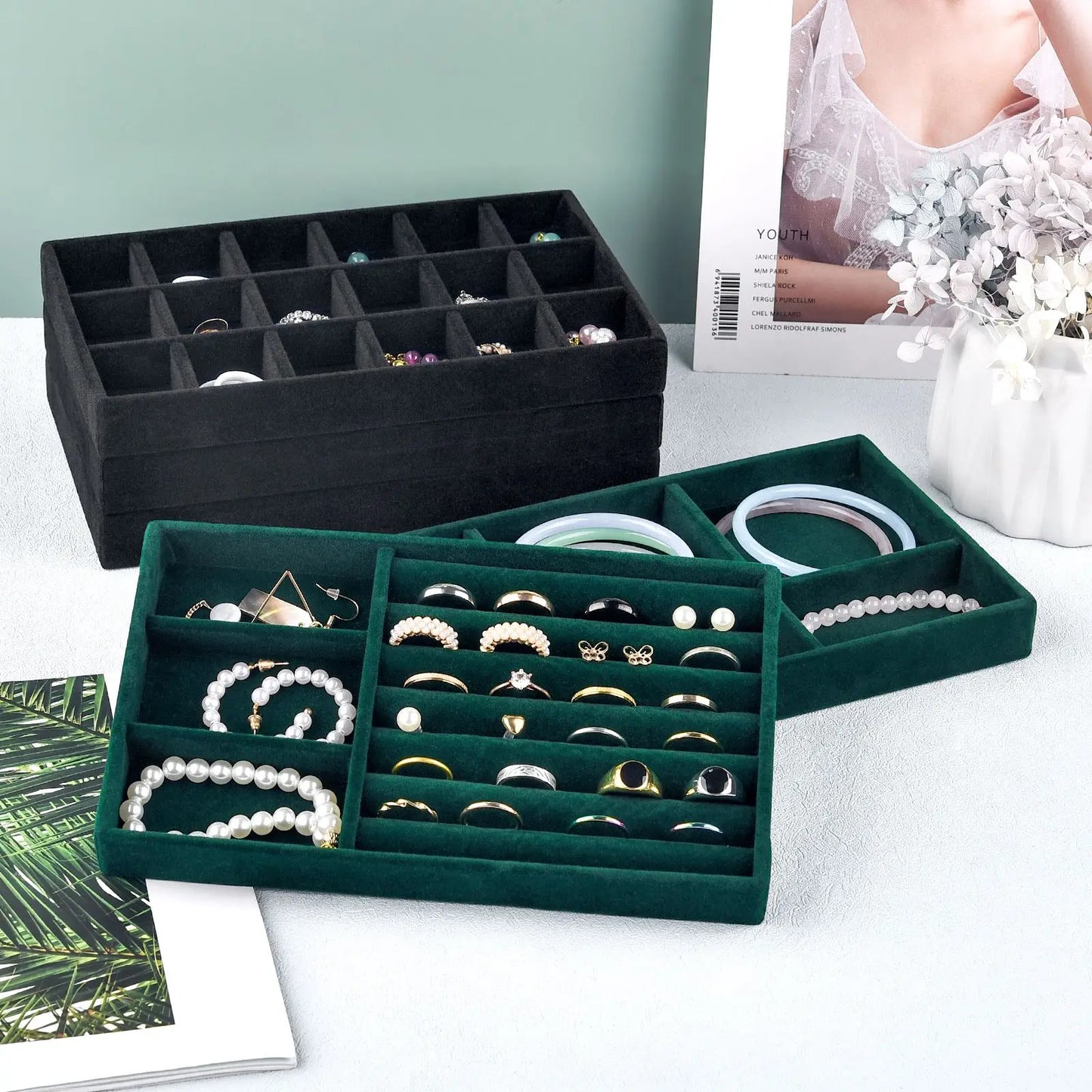 Black/Dark Green Flannel Jewelry Storage Box Household Drawer Earring Necklace Ring Tray Head Rope Ear Clip Display Storage Tray