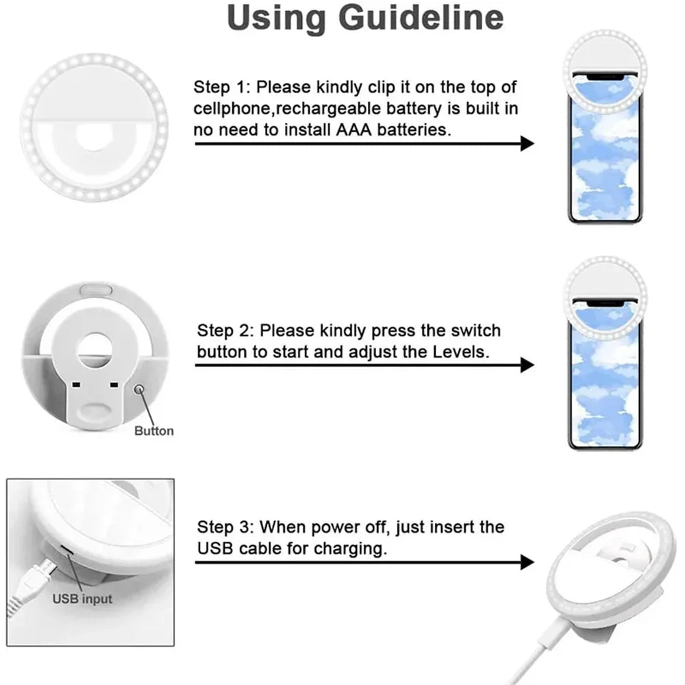 LED Fill Light Portable USB Charge Led Selfie Ring Light Cell Phone Live Broadcast Video LED Selfie Ring Lamp For All Smartphone