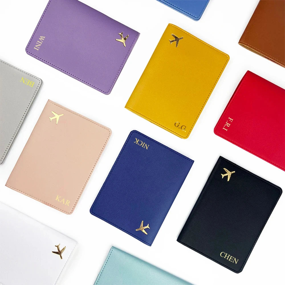 Personalize Initials Passport Holder Gold Airplane Travel Accessory Cover Custom Name Wedding Gift Company Logo Passport Sleeve