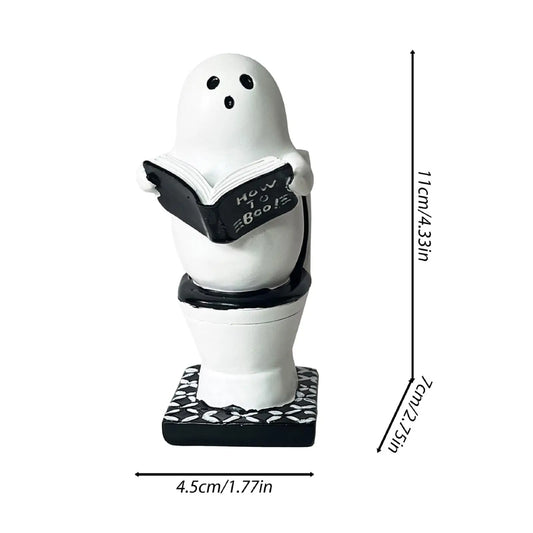 Halloween Cute Ghost Toilet Reading Statue Ornament Gothic Festive Sculpture Figurine Home Office Desktop Decoration Crafts Gift