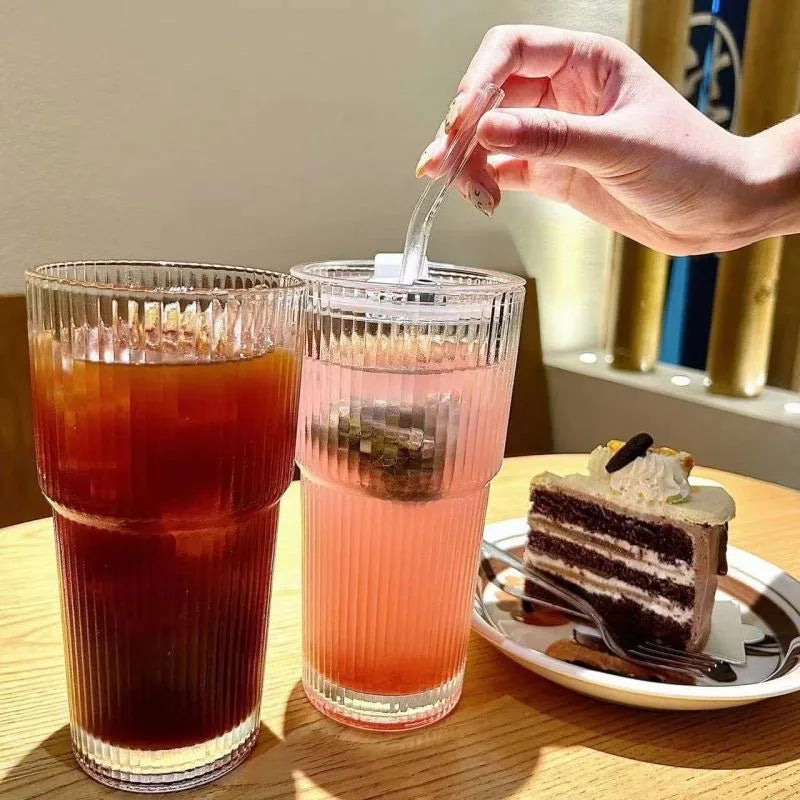 600ml Stripe Glass Cup With Lid and Straw