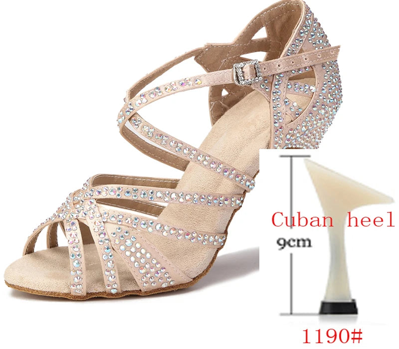 WUXIJIAO Women Party Dance Shoes Satin Shining rhinestones Soft Bottom Latin Dance Shoes Woman Salsa Dance Shoes heel