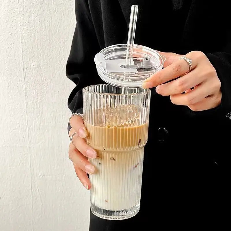 600ml Stripe Glass Cup With Lid and Straw