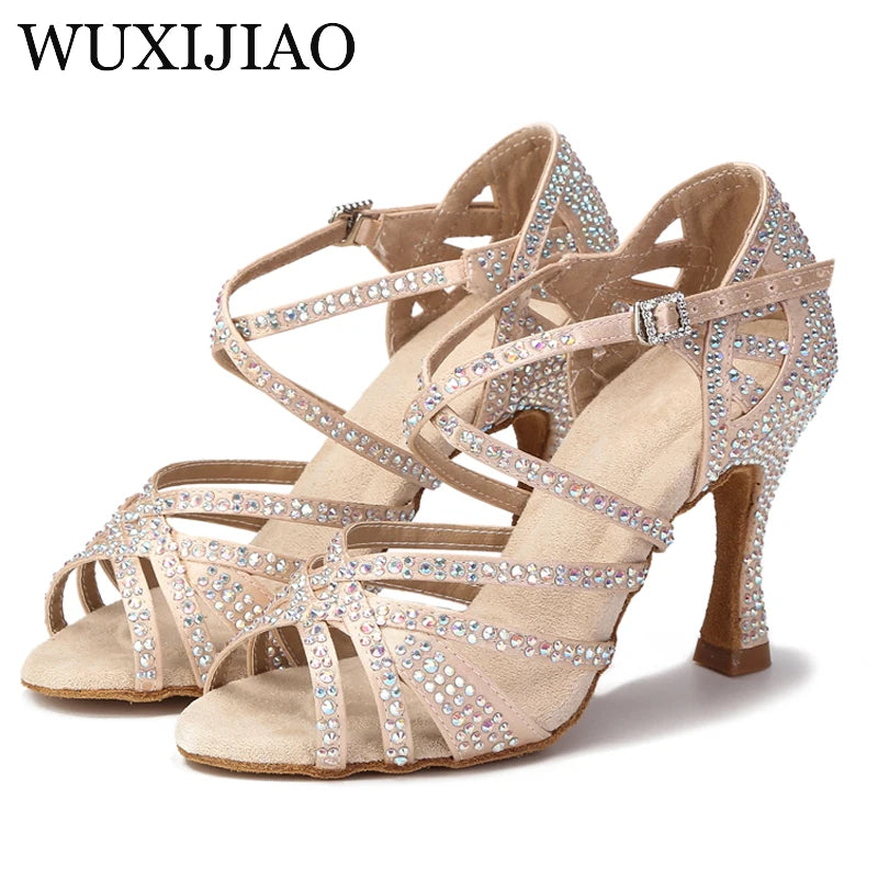 WUXIJIAO Women Party Dance Shoes Satin Shining rhinestones Soft Bottom Latin Dance Shoes Woman Salsa Dance Shoes heel