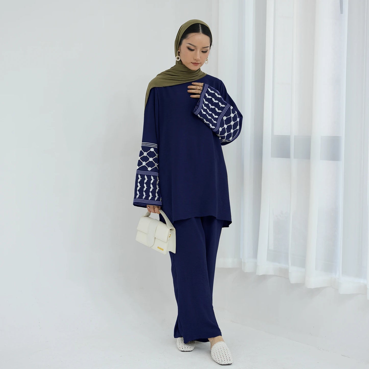 Muslim Women's Modest Tunic Pants Set, Keffiyeh Pattern Embroidery, Casual Dubai Turkish Hijabi Islamic Matching Outfit, Ramadan