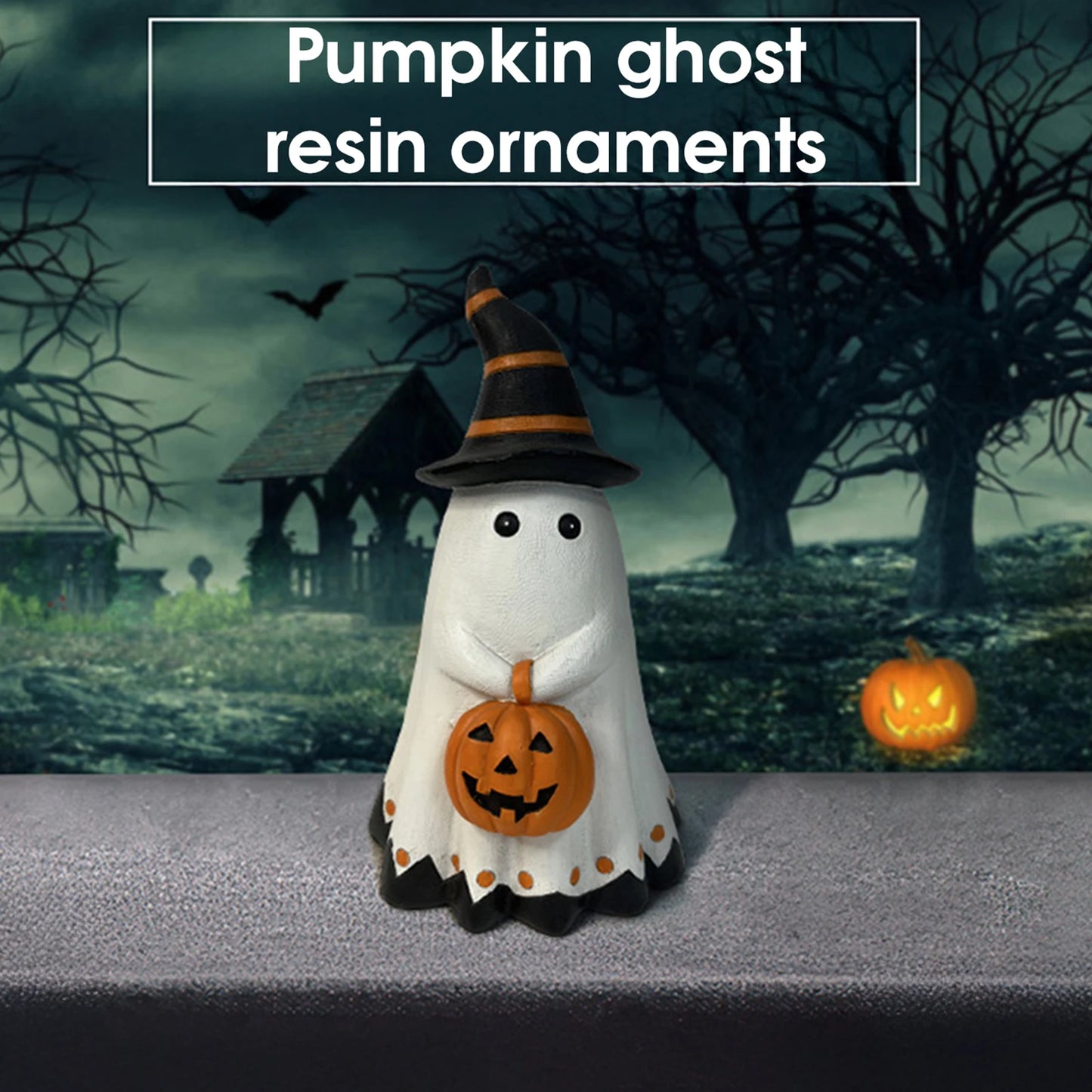 Cute Resin Ghost Figurine Halloween Spooky Ornament Holding Pumpkin for Home Office Living Room Bar Decor