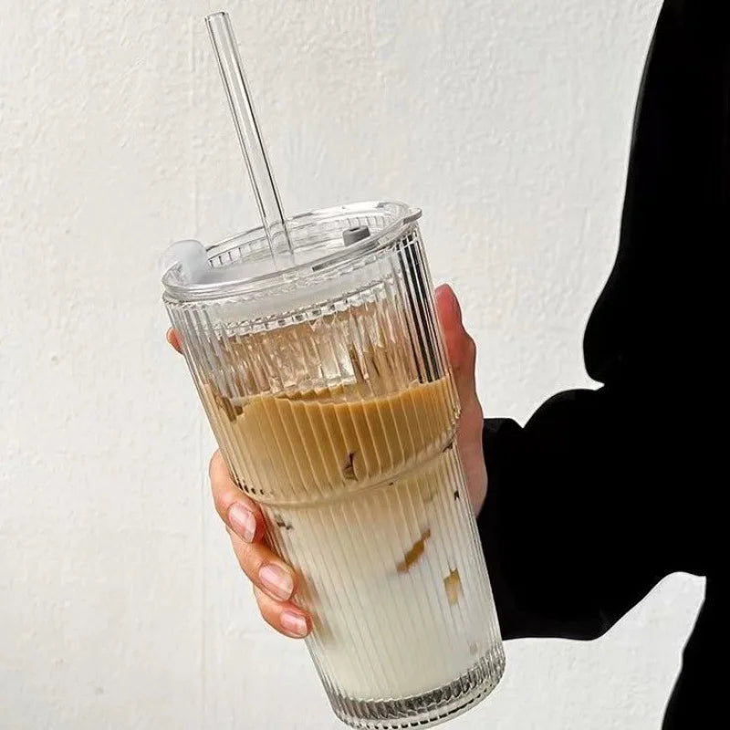 600ml Stripe Glass Cup With Lid and Straw