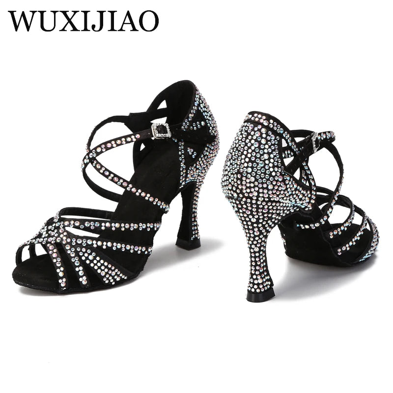 WUXIJIAO Women Party Dance Shoes Satin Shining rhinestones Soft Bottom Latin Dance Shoes Woman Salsa Dance Shoes heel