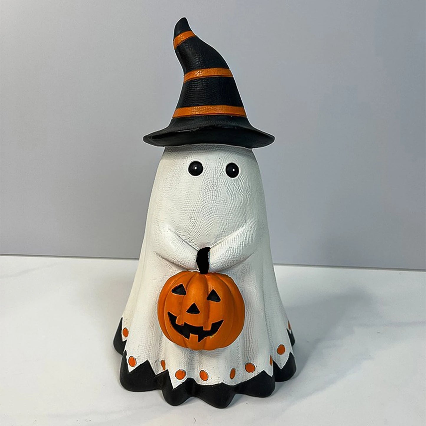 Cute Resin Ghost Figurine Halloween Spooky Ornament Holding Pumpkin for Home Office Living Room Bar Decor