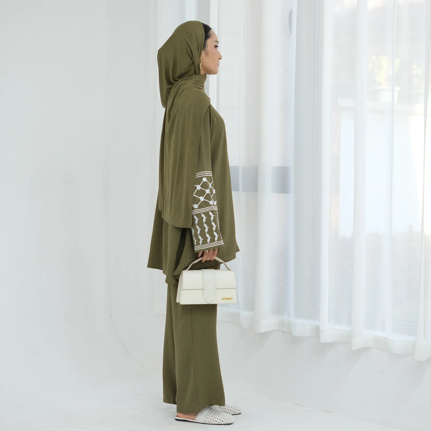 Muslim Women's Modest Tunic Pants Set, Keffiyeh Pattern Embroidery, Casual Dubai Turkish Hijabi Islamic Matching Outfit, Ramadan