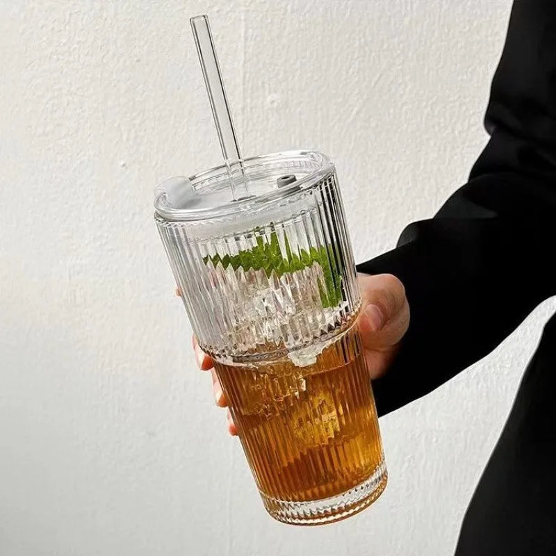 600ml Stripe Glass Cup With Lid and Straw