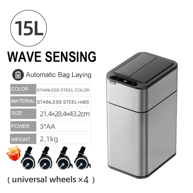 20L/15L Kitchen Smart Trash Can Stainless Steel Garbage Bin with wheels Waste Bin Luxury Toilet Trash BasketHome Wastebasket