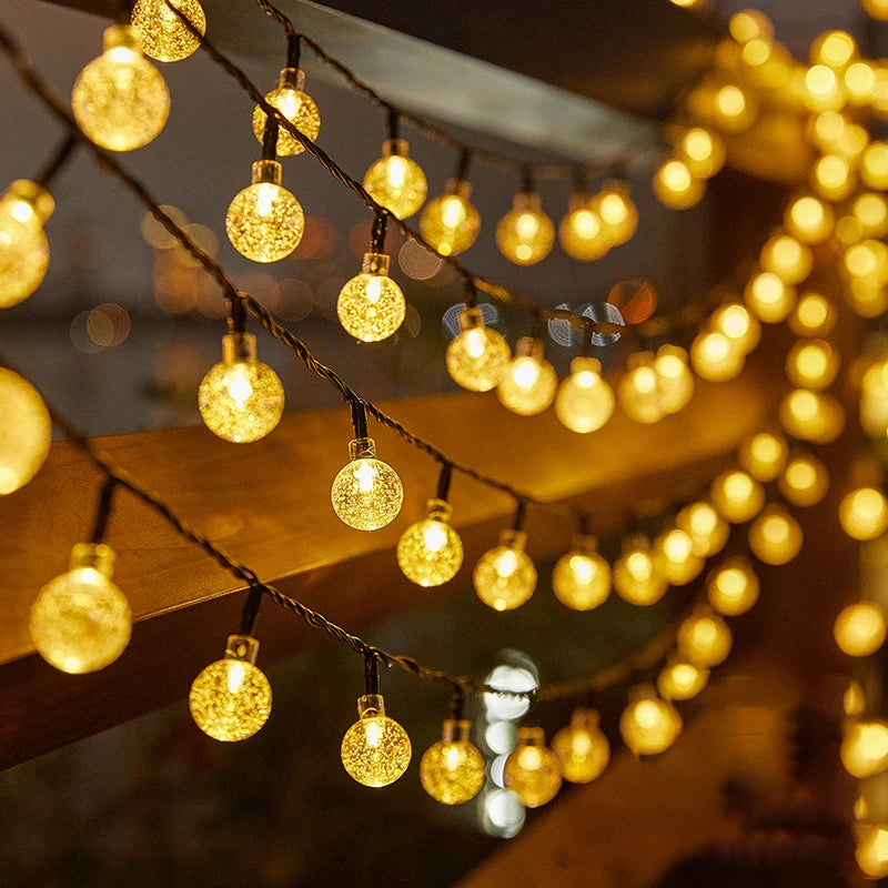 20/50/100 LED Solar String Lights, Warm White, Outdoor Crystal Globe Lights, Waterproof Solar Festoon Fairy Light For Garden