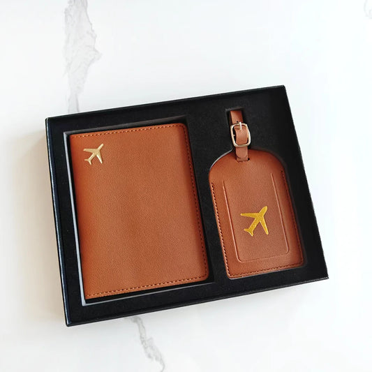 Custom Name Travel Passport Cover Luggage Tags Gift Box Set Gold Airplane Personalize Initials Passport Cover Travel Accessories