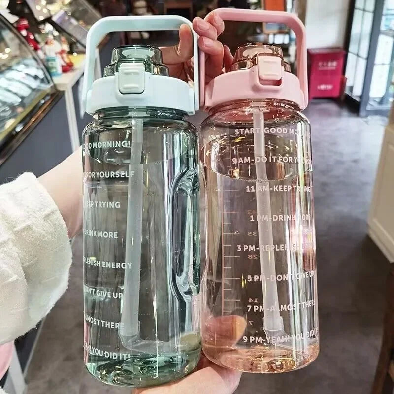 2000ml Sports Drinking Bottles with Time Marker with Straw Large Capacity Drinkware