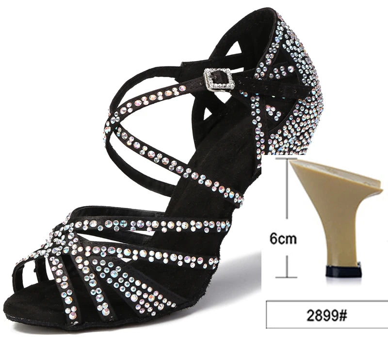WUXIJIAO Women Party Dance Shoes Satin Shining rhinestones Soft Bottom Latin Dance Shoes Woman Salsa Dance Shoes heel
