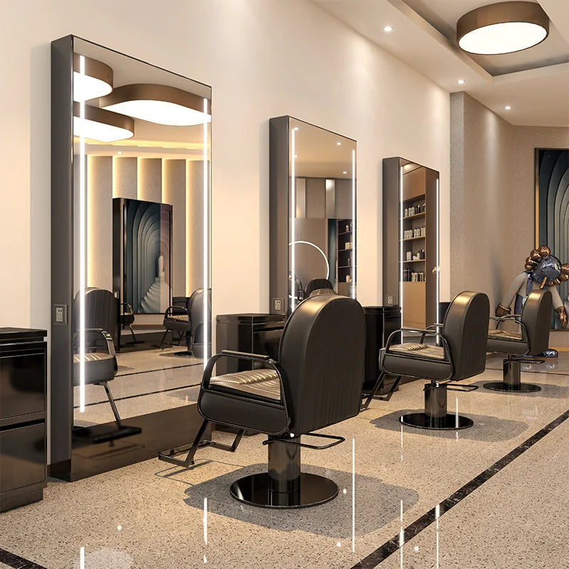 Hairdresser Mirror Desk Salon Mirror Barber Shop Floor Hair Cutting Net Red Double-sided with Lights Against Wall Perm Dyeing