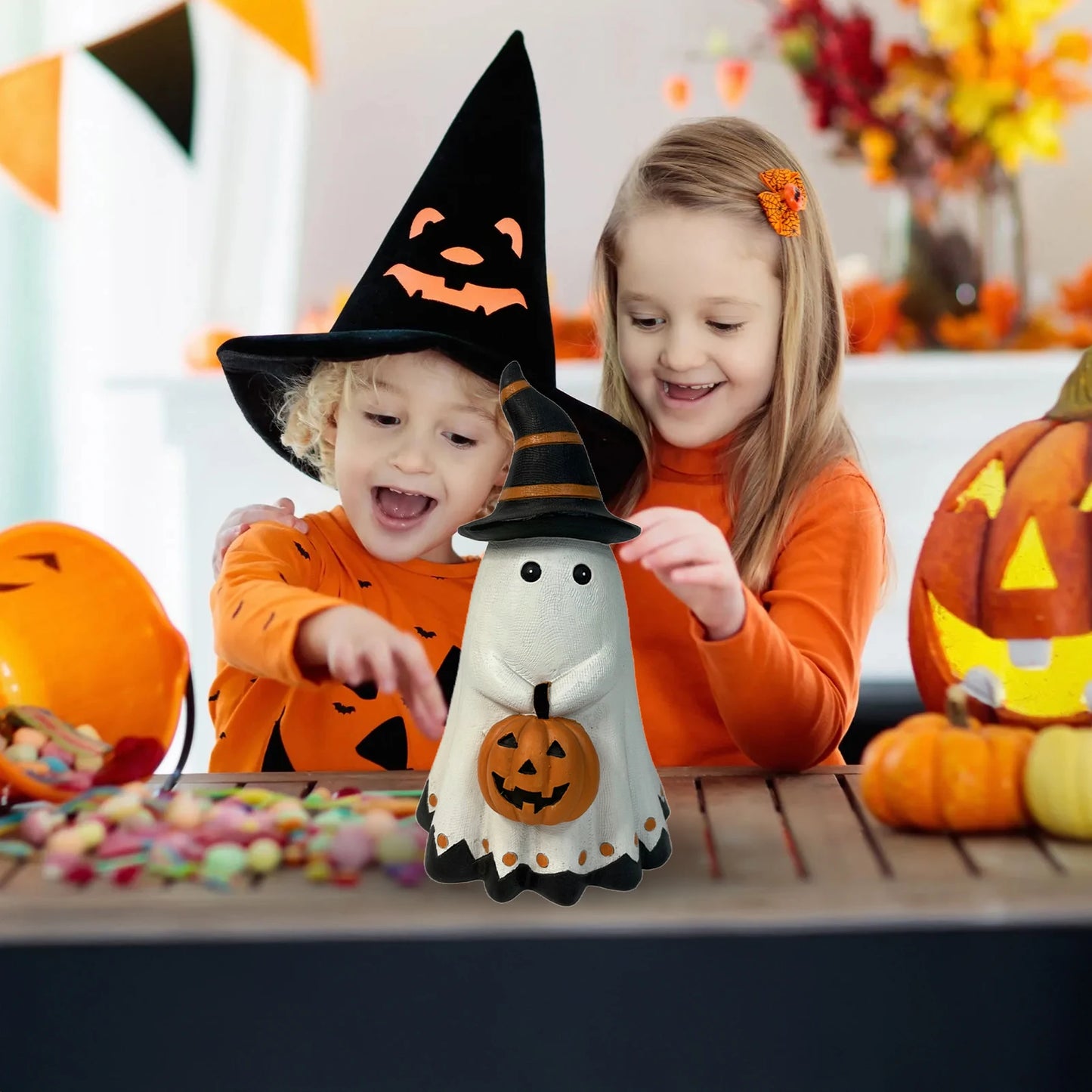 Cute Resin Ghost Figurine Halloween Spooky Ornament Holding Pumpkin for Home Office Living Room Bar Decor