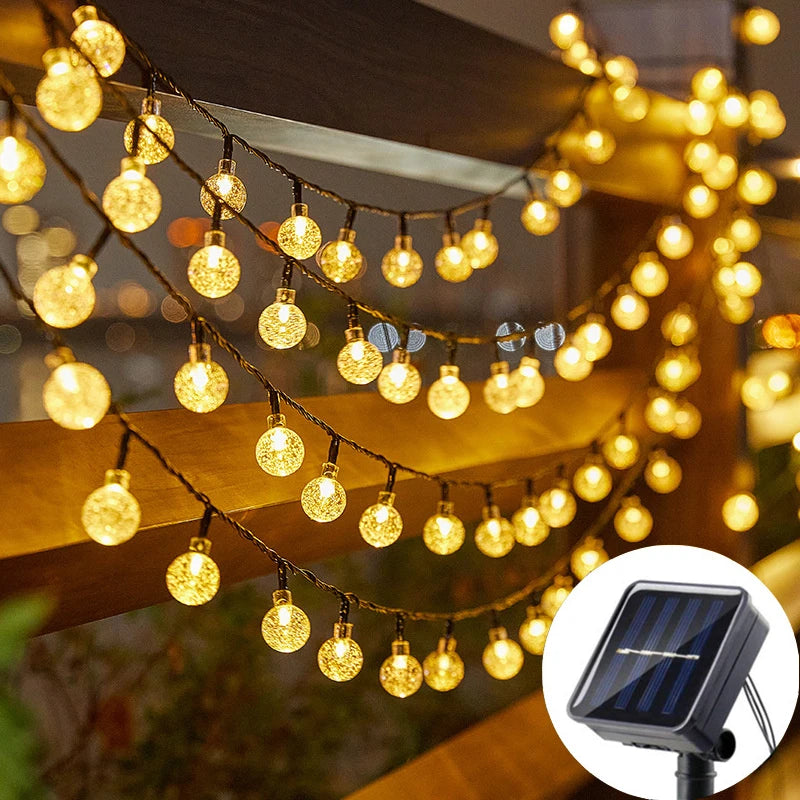 20/50/100 LED Solar String Lights, Warm White, Outdoor Crystal Globe Lights, Waterproof Solar Festoon Fairy Light For Garden