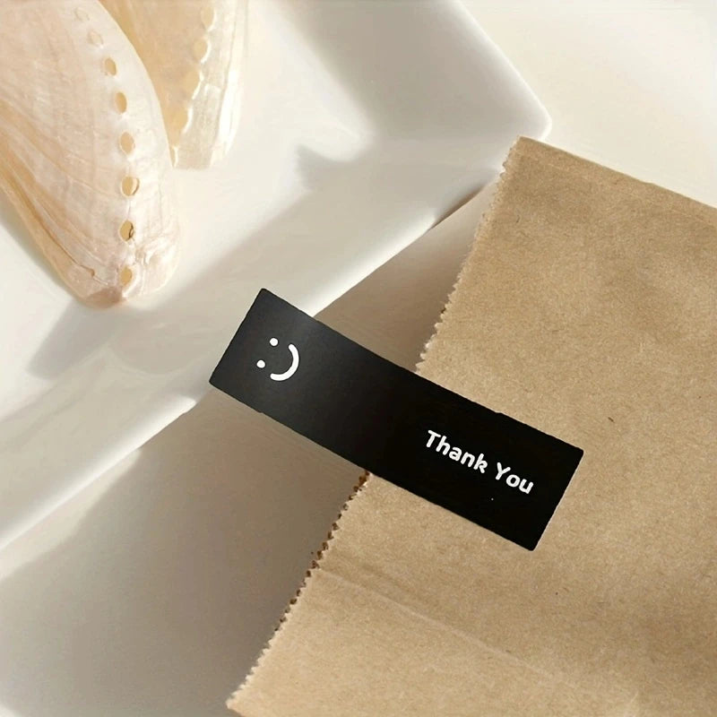 120Pcs/Roll Simple Smile Face Thank You Stickers Black/White Oblong 1.0*3.0in For Takeout PC Pad Fridge Gift Sealing Diy Decor