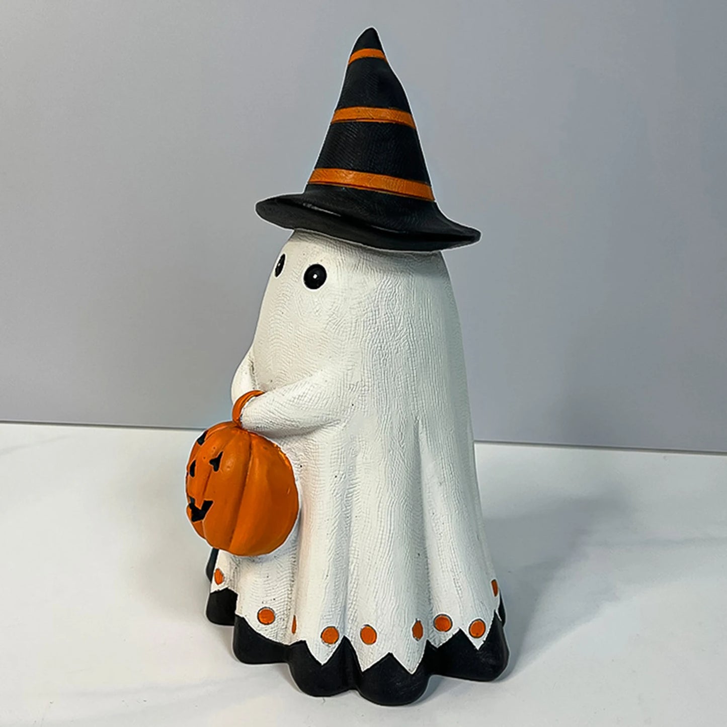 Cute Resin Ghost Figurine Halloween Spooky Ornament Holding Pumpkin for Home Office Living Room Bar Decor