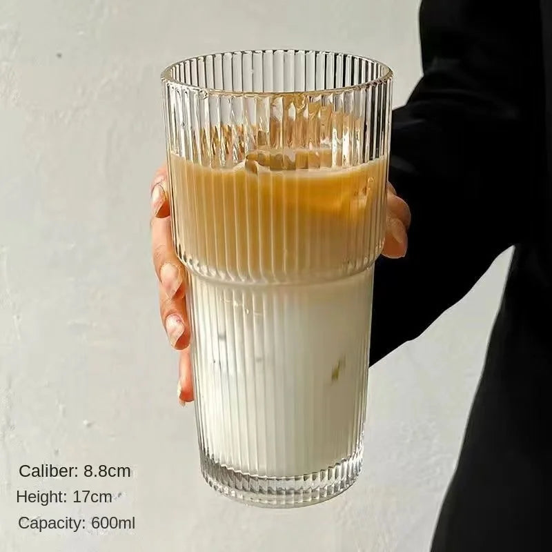 600ml Stripe Glass Cup With Lid and Straw