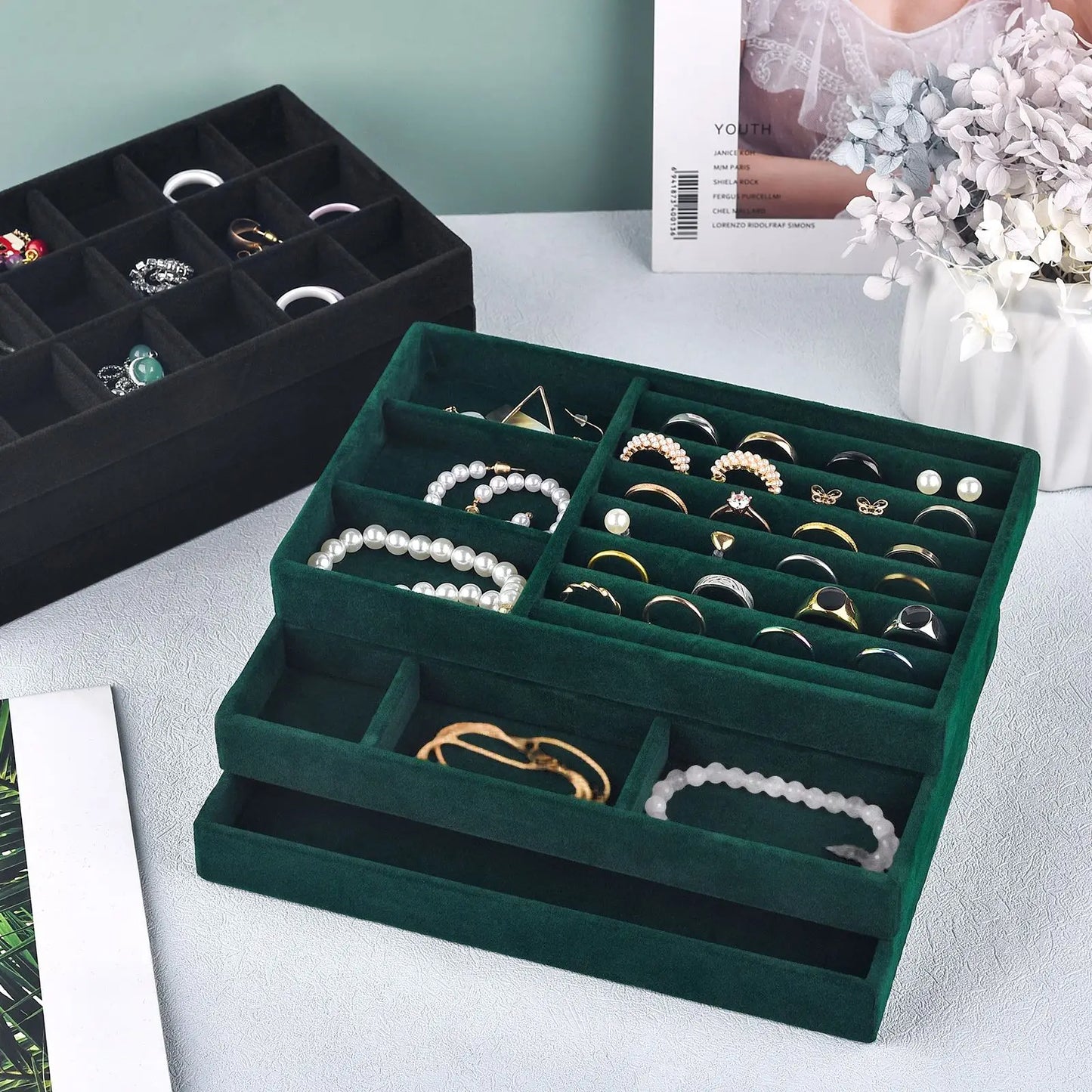 Black/Dark Green Flannel Jewelry Storage Box Household Drawer Earring Necklace Ring Tray Head Rope Ear Clip Display Storage Tray