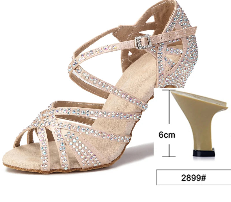 WUXIJIAO Women Party Dance Shoes Satin Shining rhinestones Soft Bottom Latin Dance Shoes Woman Salsa Dance Shoes heel