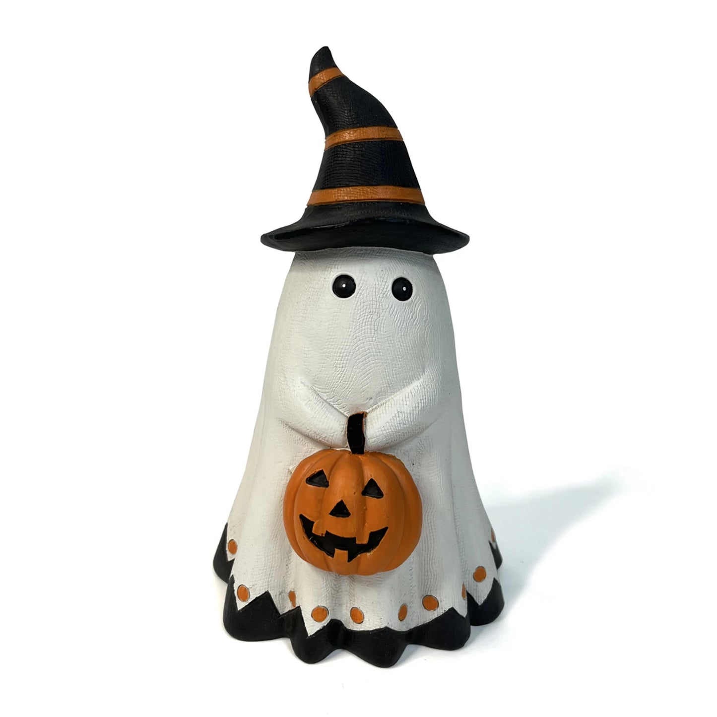 Cute Resin Ghost Figurine Halloween Spooky Ornament Holding Pumpkin for Home Office Living Room Bar Decor