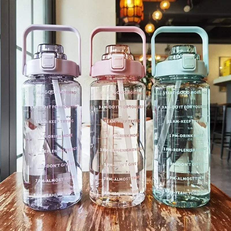 2000ml Sports Drinking Bottles with Time Marker with Straw Large Capacity Drinkware
