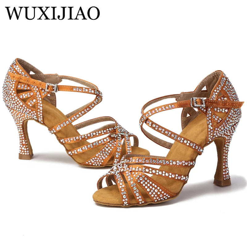 WUXIJIAO Women Party Dance Shoes Satin Shining rhinestones Soft Bottom Latin Dance Shoes Woman Salsa Dance Shoes heel