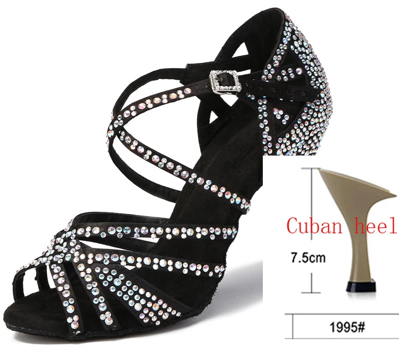 WUXIJIAO Women Party Dance Shoes Satin Shining rhinestones Soft Bottom Latin Dance Shoes Woman Salsa Dance Shoes heel
