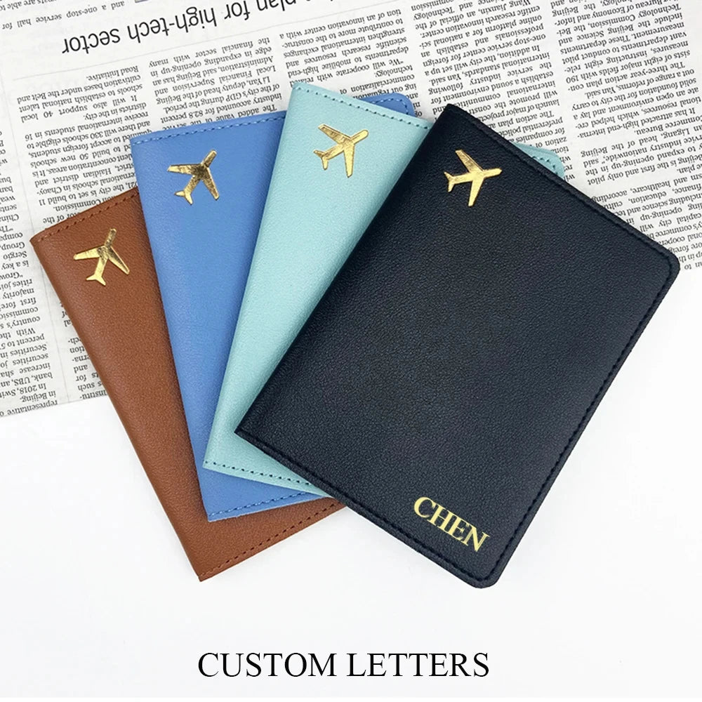 Personalize Initials Passport Holder Gold Airplane Travel Accessory Cover Custom Name Wedding Gift Company Logo Passport Sleeve