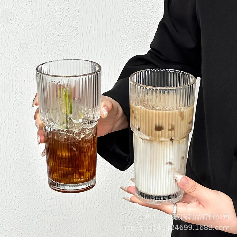 600ml Stripe Glass Cup With Lid and Straw
