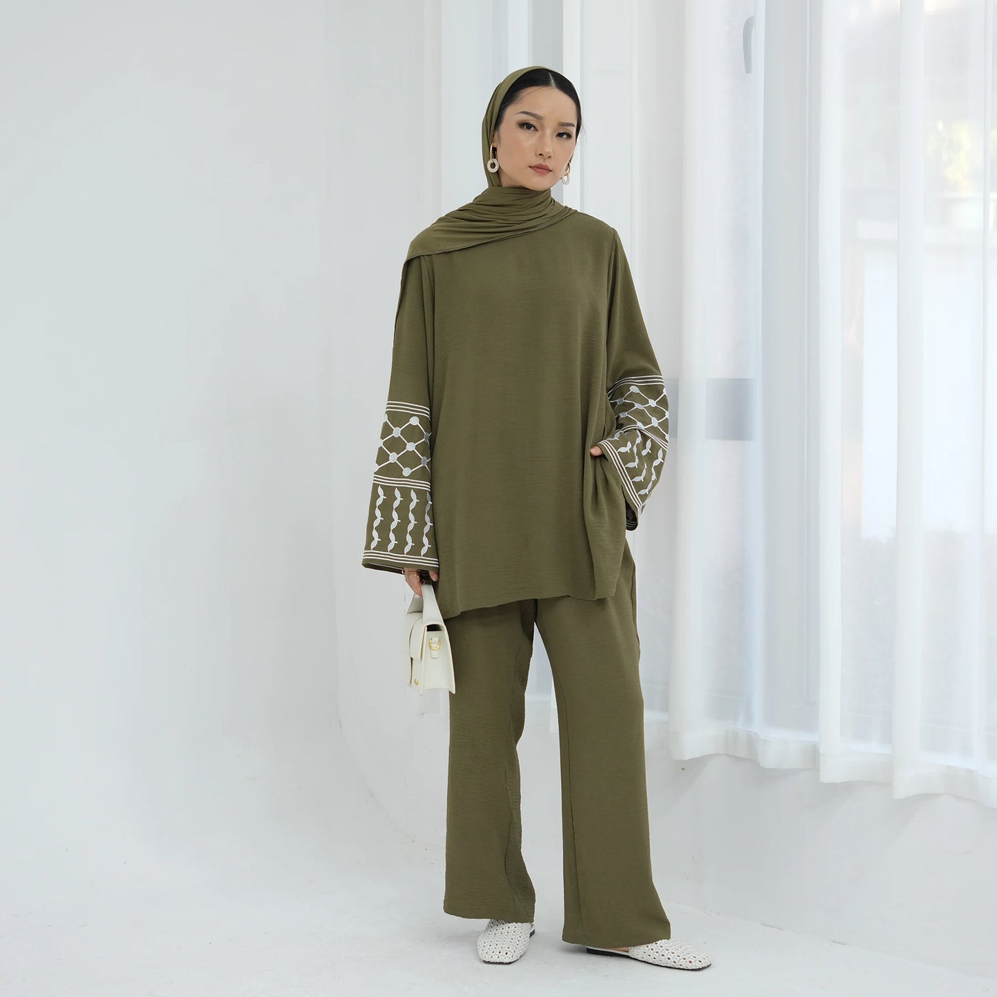 Muslim Women's Modest Tunic Pants Set, Keffiyeh Pattern Embroidery, Casual Dubai Turkish Hijabi Islamic Matching Outfit, Ramadan