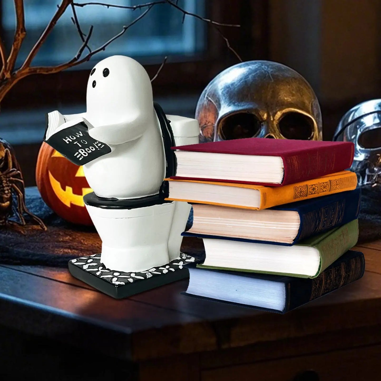 Halloween Cute Ghost Toilet Reading Statue Ornament Gothic Festive Sculpture Figurine Home Office Desktop Decoration Crafts Gift