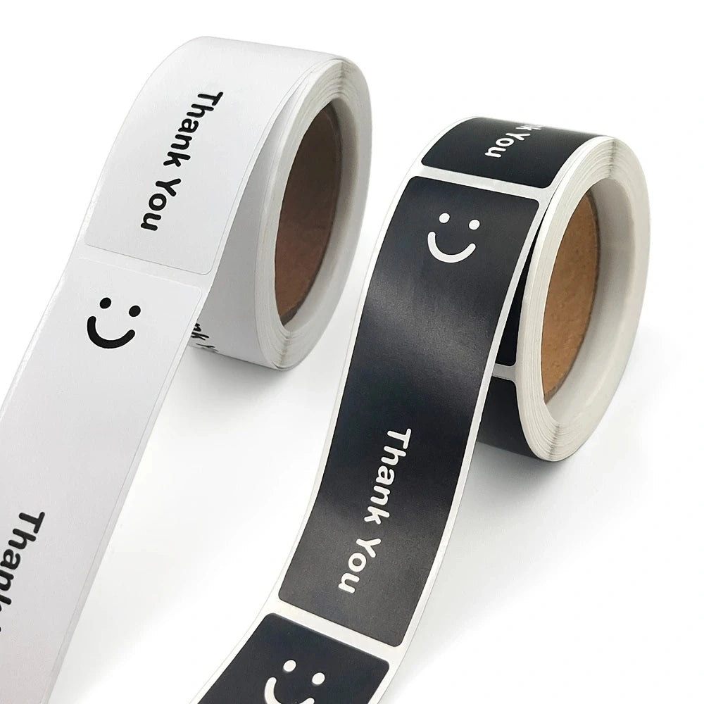 120Pcs/Roll Simple Smile Face Thank You Stickers Black/White Oblong 1.0*3.0in For Takeout PC Pad Fridge Gift Sealing Diy Decor