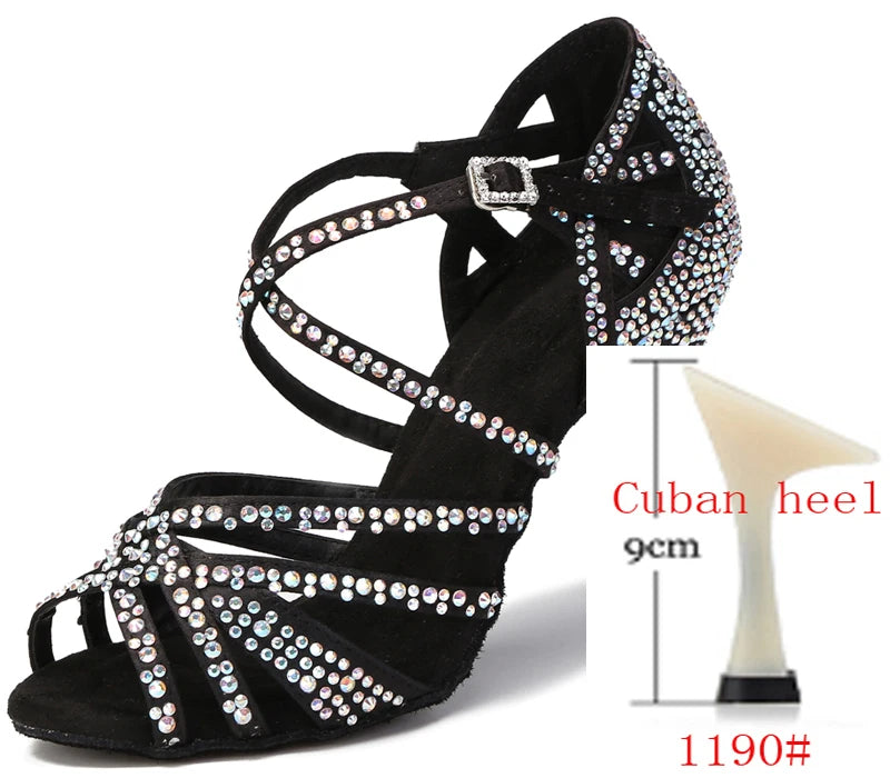 WUXIJIAO Women Party Dance Shoes Satin Shining rhinestones Soft Bottom Latin Dance Shoes Woman Salsa Dance Shoes heel