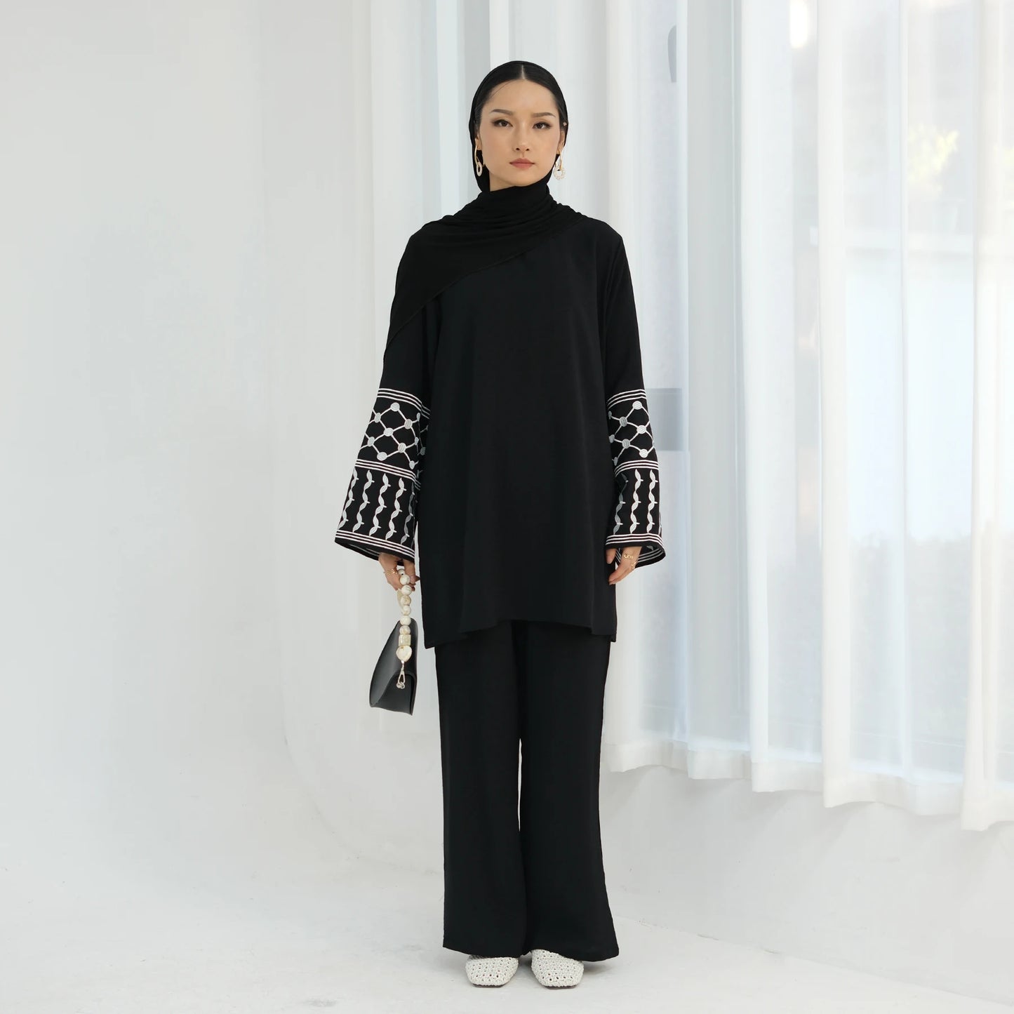 Muslim Women's Modest Tunic Pants Set, Keffiyeh Pattern Embroidery, Casual Dubai Turkish Hijabi Islamic Matching Outfit, Ramadan