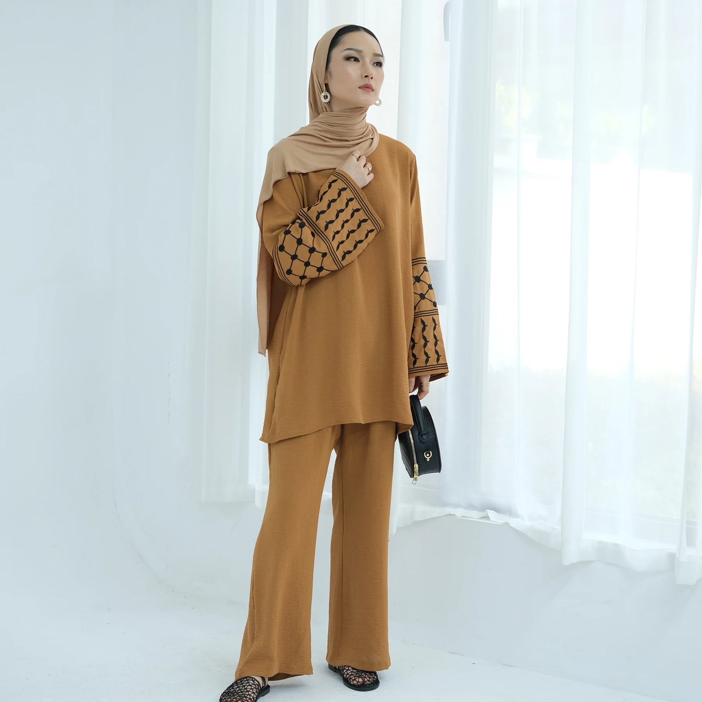 Muslim Women's Modest Tunic Pants Set, Keffiyeh Pattern Embroidery, Casual Dubai Turkish Hijabi Islamic Matching Outfit, Ramadan