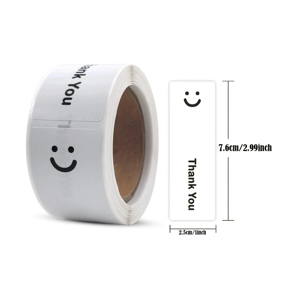 120Pcs/Roll Simple Smile Face Thank You Stickers Black/White Oblong 1.0*3.0in For Takeout PC Pad Fridge Gift Sealing Diy Decor