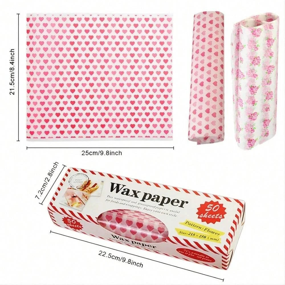 Wax Paper for Sandwiches and Bakery with Heart and Flower Patterns Decorative Food Wrapping Paper for Baking and Packaging