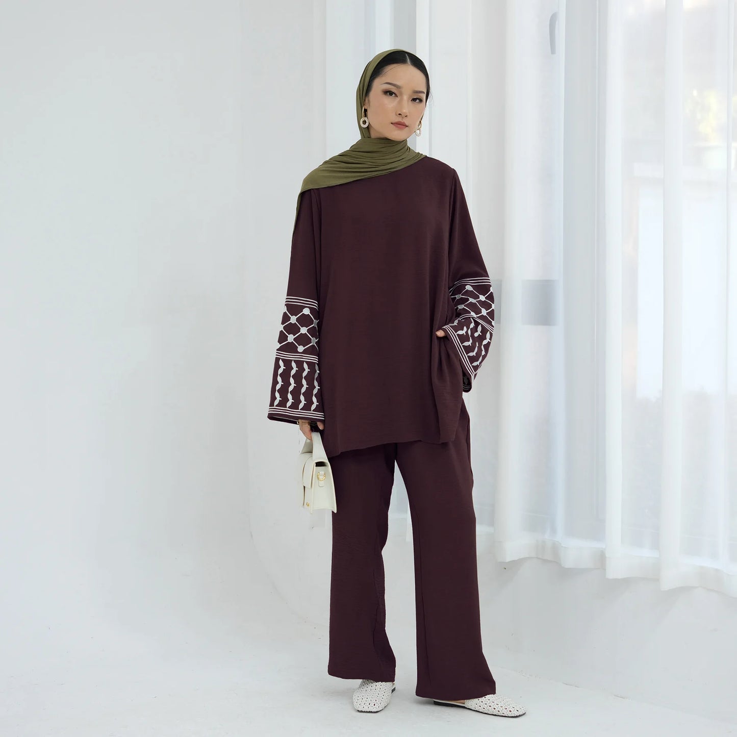 Muslim Women's Modest Tunic Pants Set, Keffiyeh Pattern Embroidery, Casual Dubai Turkish Hijabi Islamic Matching Outfit, Ramadan