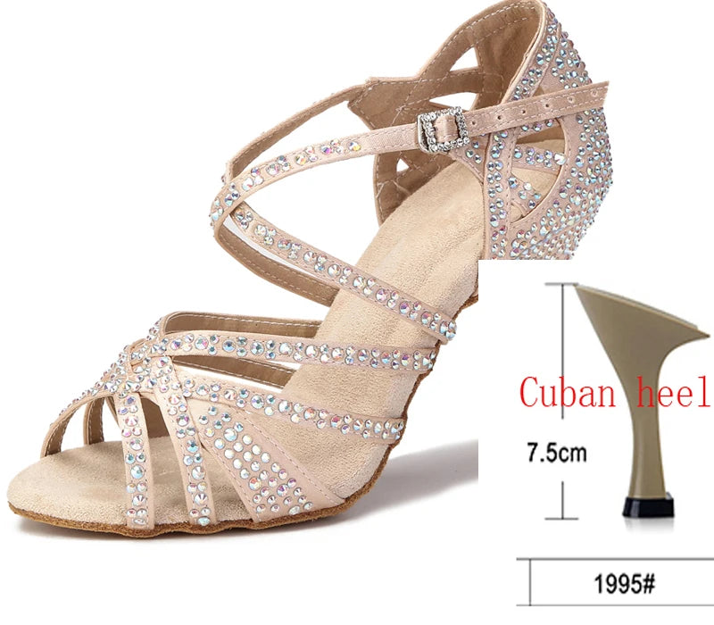 WUXIJIAO Women Party Dance Shoes Satin Shining rhinestones Soft Bottom Latin Dance Shoes Woman Salsa Dance Shoes heel