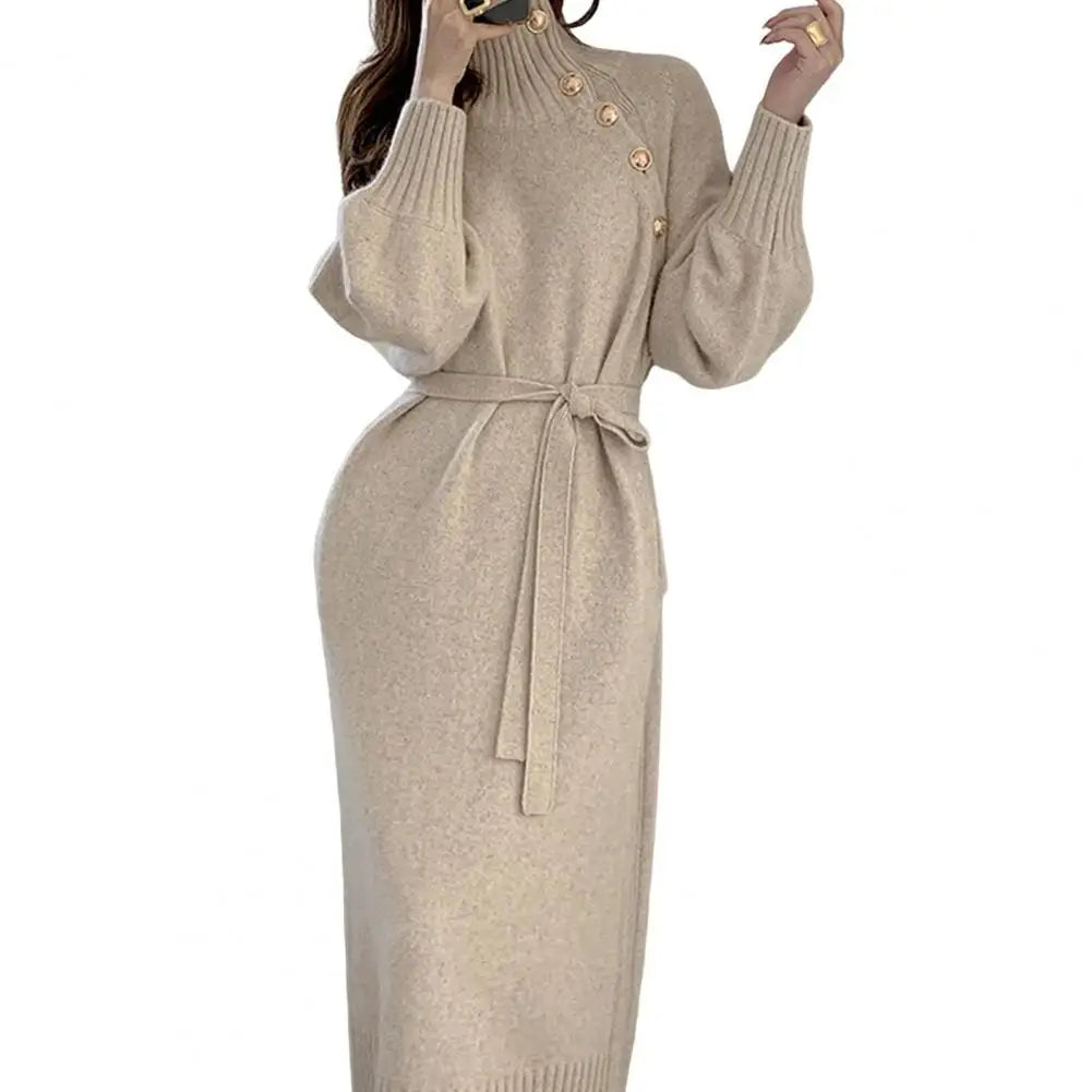 Vintage Turtleneck Buttons Long Sleeve Long Dresses Winter Fashion Casual Loose Knitwear Warm Women Knitted Dress Black Apricot