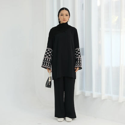 Muslim Women's Modest Tunic Pants Set, Keffiyeh Pattern Embroidery, Casual Dubai Turkish Hijabi Islamic Matching Outfit, Ramadan