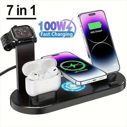 100W 7 in 1 Wireless Charger Stand Pad For iPhone 15 14 13 12 11 XR Apple Watch Airpods Pro iWatch 9 8 7 Fast Charging Station