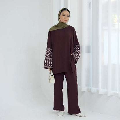 Muslim Women's Modest Tunic Pants Set, Keffiyeh Pattern Embroidery, Casual Dubai Turkish Hijabi Islamic Matching Outfit, Ramadan