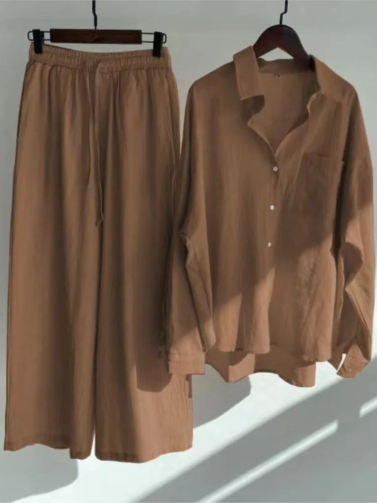 Spring Summer Women's Two Piece Casual Long Sleeve Shirt  Button Casual Female Wide Leg Pants 2 Piece Sets