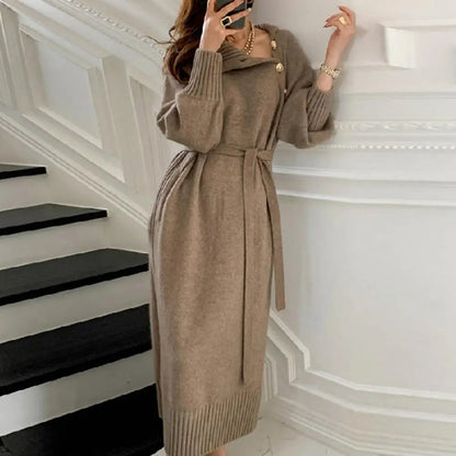 Vintage Turtleneck Buttons Long Sleeve Long Dresses Winter Fashion Casual Loose Knitwear Warm Women Knitted Dress Black Apricot